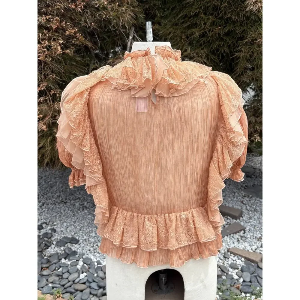 Ulla Johnson Ruffle Silk Top Peach Lace Victorian Boho Blouse Size Large ? NWOT